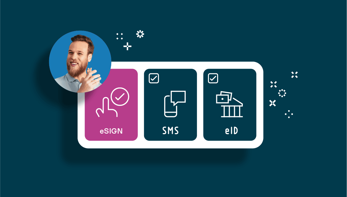 Med Oneflow kan du signera din offert på tre olika sätt. Antingen med eSign och signera med ett klick, eller signera med sms alternativt med någon av våra eID signeringslösningar för alla nordiska länder. Bilden visar tre ikoner för dessa tre lösningar. 