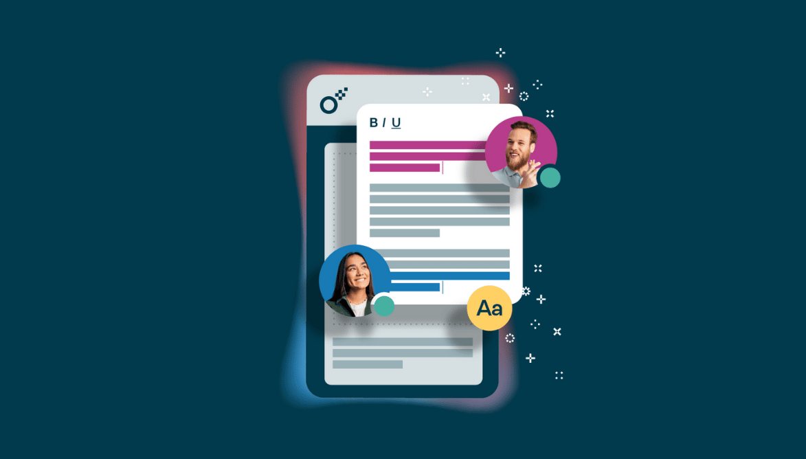 Live negotiation between participants in a contract. Man and women in small icons both writing in a contract. 