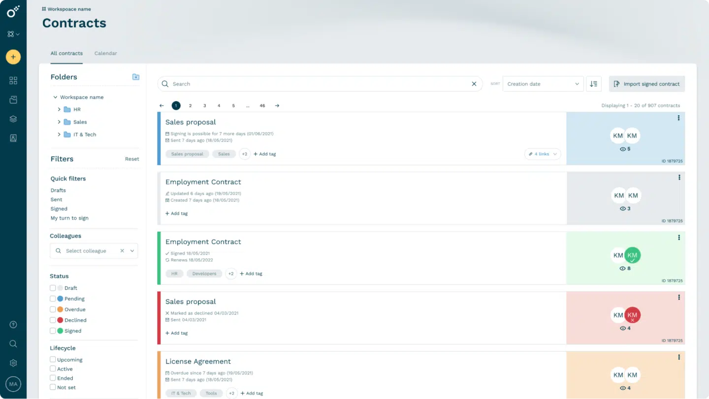 Oneflow’s contracts screen with a detailed look at your created and processed documents