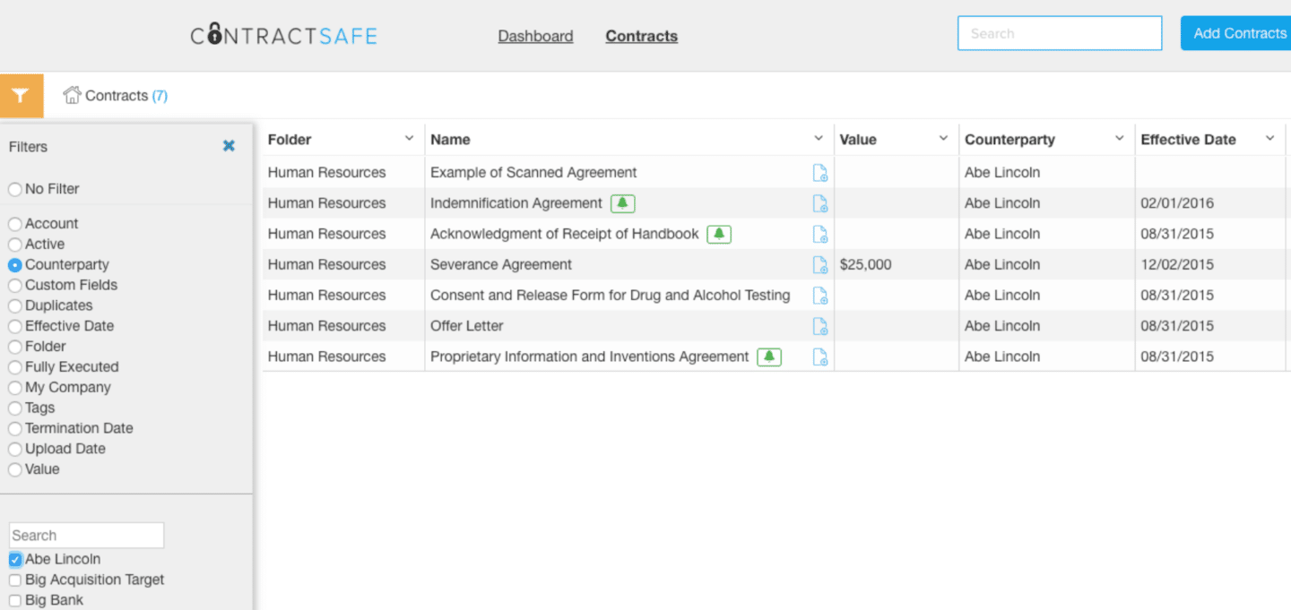 ContractSafe contract management software showing folders and documents