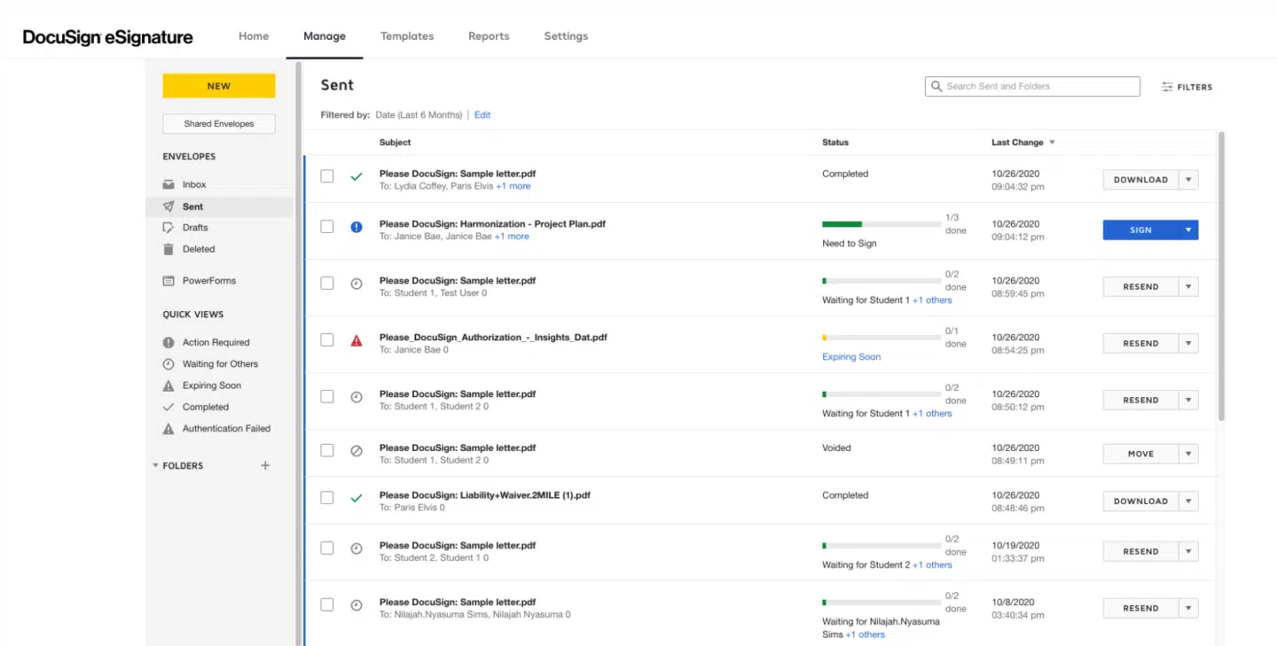DocuSign’s dashboard showing sent documents