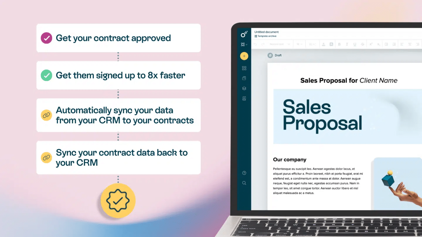 A laptop screen with a sales proposal draft next to a list of contract automation benefits